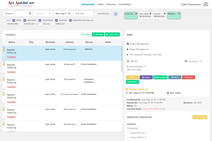 All American Mechanics Admin helps staff manage operations seamlessly. Admins can assign jobs, monitor progress in real time, track completed tasks, and generate reports. It streamlines workflow, improves communication, and ensures efficiency across the s